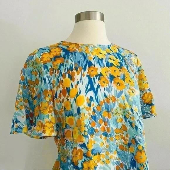 New J. McLaughlin Yellow Blue Floral Blouse Top Linen Blend - Picture 3 of 15